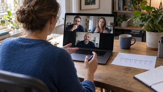 Eine Moderatorin bespricht Entscheidungsstufen mit einem verteilten Team im Video-Call.