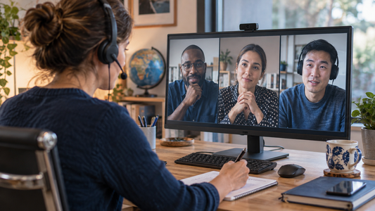 Eine Moderatorin macht während eines internationalen Video-Meetings Notizen.