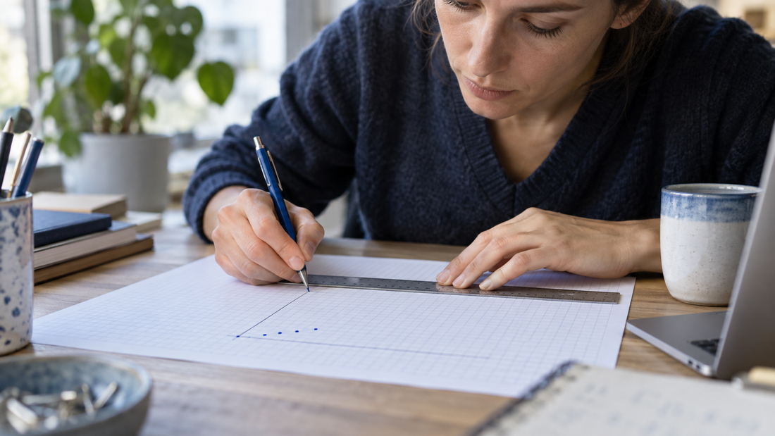 Eine Hand markiert den Ausgangspunkt einer Messung auf Millimeterpapier.