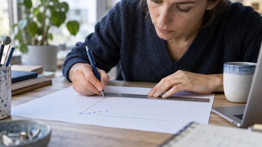 Eine Hand markiert den Ausgangspunkt einer Messung auf Millimeterpapier.