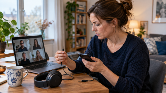 Eine Moderatorin prüft ihr Audiokabel und nutzt ein Smartphone als Ersatzverbindung.