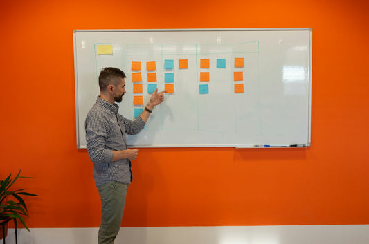 Mann präsentiert vor einem Whiteboard voller Haftnotizen in einem Besprechungsraum