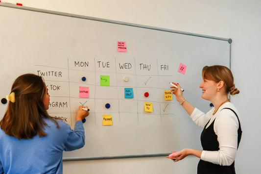 Zwei Frauen arbeiten mit farbigen Haftnotizen an einem Whiteboard.