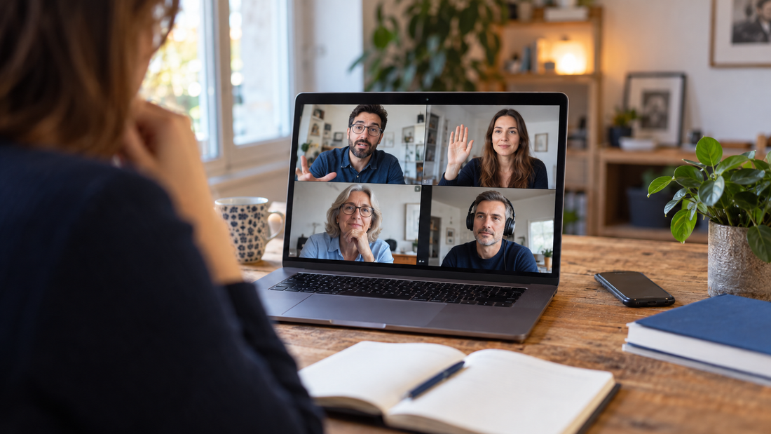 Ein Teilnehmer hebt im Video-Call die Hand, während die anderen zuhören.